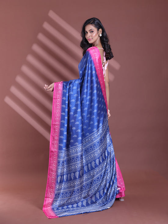 Blue Silk Soft Saree With Paisley Print-MA60BSL01400040