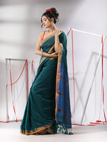 Teal Cotton Saree With Stripes Zari Pallu-MA55CT06540093