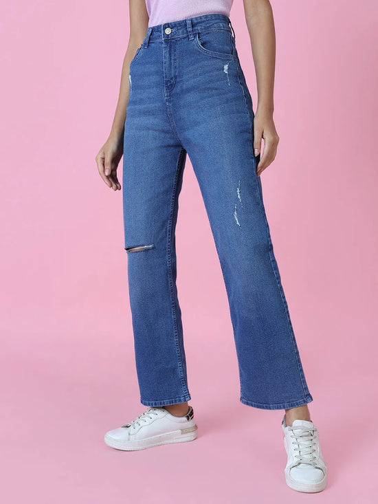 Women's Blue Solid Wide Leg Denim Jeans-GZ-5290-Blue