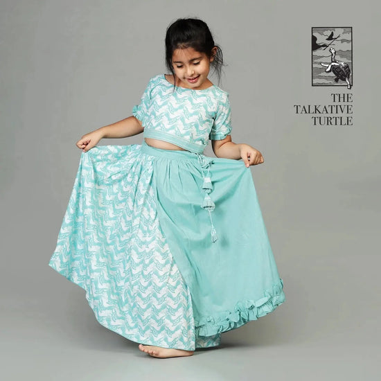 Cotton Half & Half Layered Lehenga with Stylish Blouse For Girls with Talkative Turtle Print