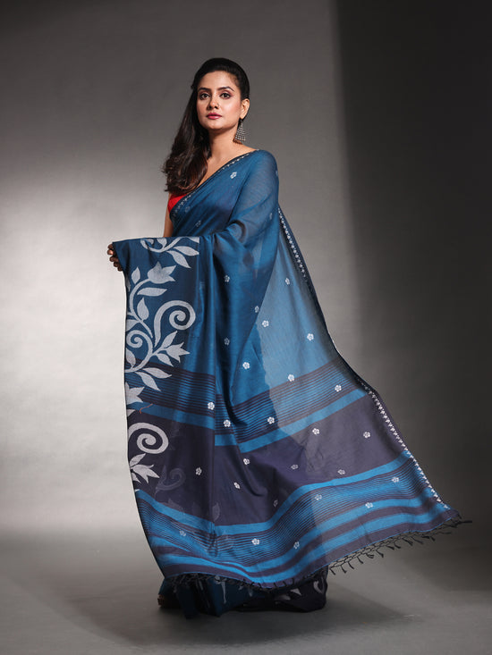 Teal Blue Pure Cotton Soft Saree With Nakshi Designs-MA54CT041380004