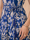 Women Blue Ikat Print Shoulder Tie Belted Tiered Maxi