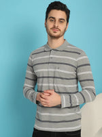 Venitian Men Striped Polo Neck Full Sleeves Ecru T-Shirt With Pocket