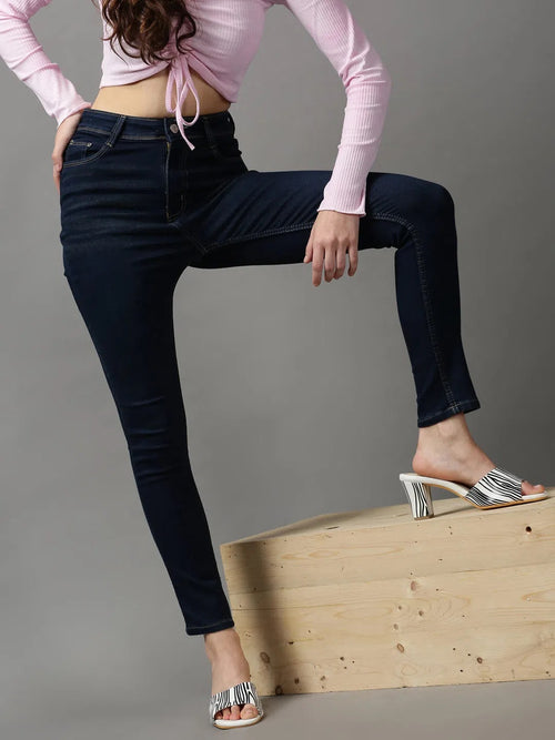 Women's Navy Blue Solid Skinny Fit Denim Jeans-GZ-5280-Navyblue