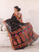 Black Cotton Saree With Woven Designs And Zari Border-MA54BCT041210044