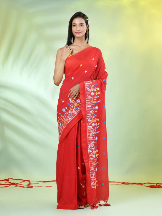 All Over Thread Floral Embroidery Red Cotton Saree-MA62CT33610078