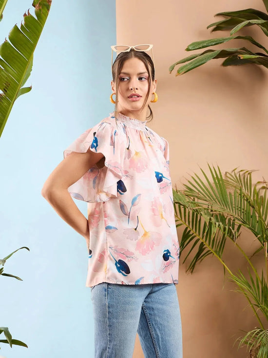 Women Peach Floral Smocked Neck Regular Top