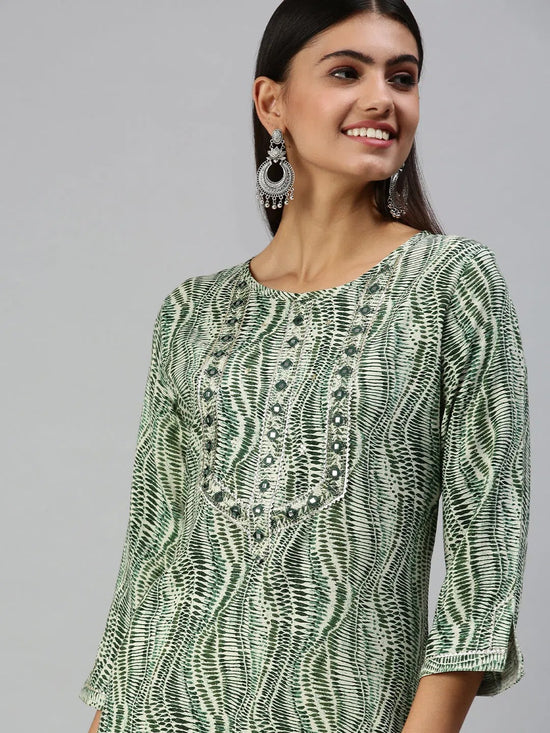 Women's Beige Printed Straight Kurta-HO136-Cream-Green