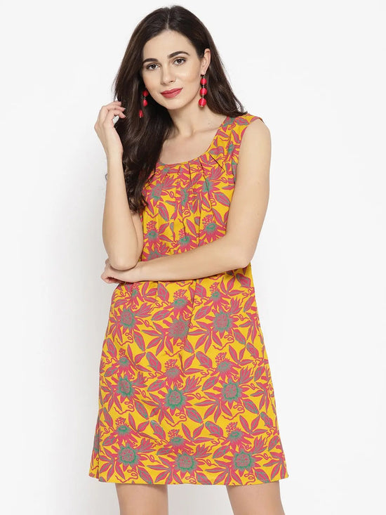 Pleated neck mini Shift Dress with print in Mustard