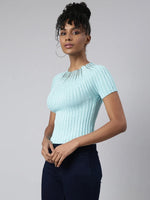 Women Turquoise Blue Self Design Fitted Crop Top-CHN-47220-Turquoiseblue