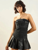 Women Black Washed Front Pocket Denim Tube Top