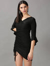 Women's Black Solid Wrap Dress-SRA-1335-Black