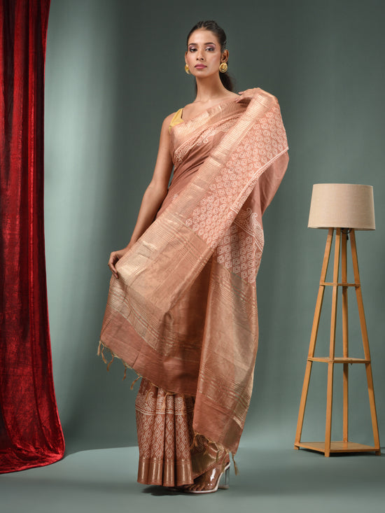 Beige Blended Silk Handwoven Saree With Zari Border-MA50BSL34830106