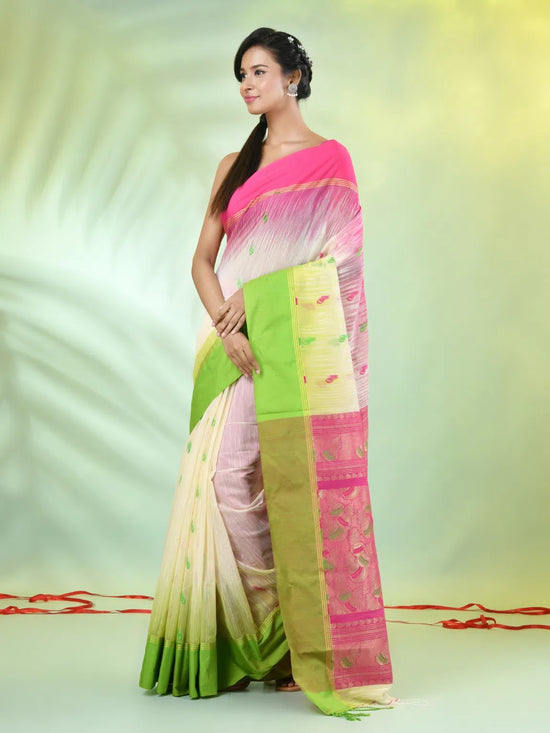 Off White Cotton Ikat Saree With Ganga Jamuna Border-MA66BCT431380033