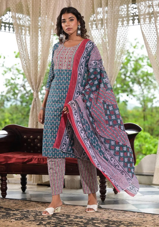 Teal Blue Ethnic Motif Printed Cotton Kurta, Pant And Dupatta Set With Zari & Thread Work-J4919OT3TEAL