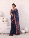 Navy Blue Cotton Saree With Zari Border-MA54BCT041380032