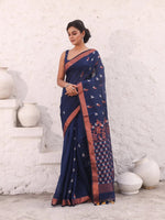 Navy Blue Cotton Saree With Zari Border-MA54BCT041380032