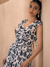 Women Black & White Ikat Print Neck Ruffle Tiered Maxi