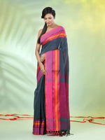 Grey Cotton Saree With Temple Borders-MA66CT43640009