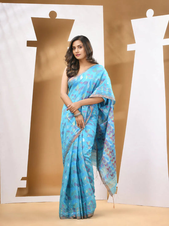 Sky Blue Cotton Blend Handwoven Saree With Paisey Motifs-MA53BCT041400065