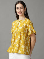 Women's Mustard Printed Peplum Top-SKF-087-3-Mustard