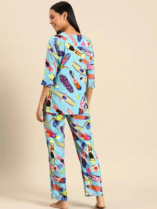 Kurta Pyjama nightwear Set in Aqua Blue Print