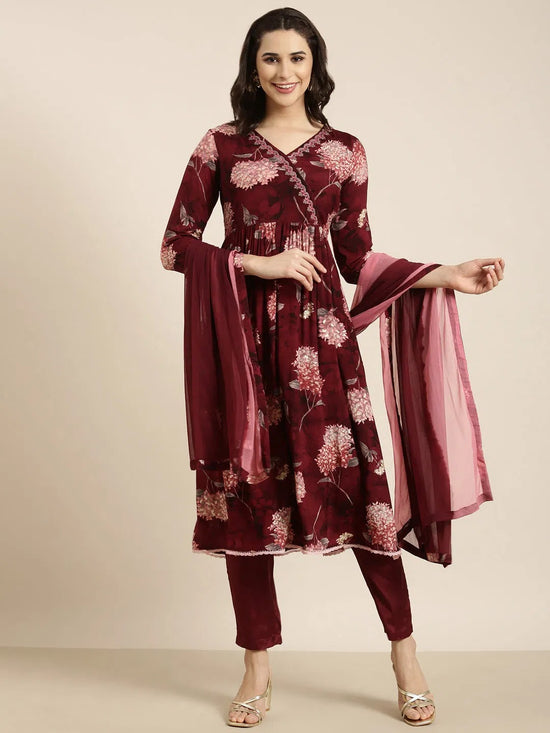 Women Anarkali Maroon Floral Kurta and Trousers Set Comes With Dupatta-BC-SK-1918-Maroon