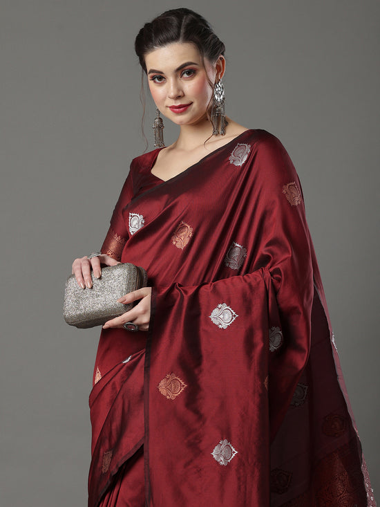 Saree Mall Women's  Blend Maroon Woven Design Designer Saree With Blouse Piece-15PAKHI1607