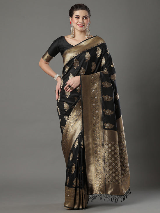 Saree Mall Women's  Blend Black Woven Design Designer Saree With Blouse Piece-15PAKHI1609