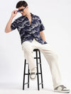 Men Spread Collar Floral Navy Blue Casual Shirt-HARVEN-2312-Navyblue