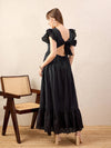 Women Black Schiffli Square Neck Frill Hem Maxi Dress