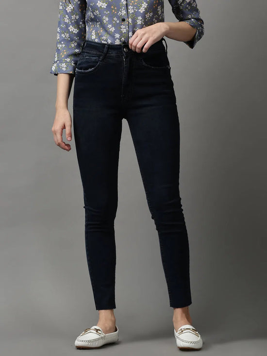 Women's Navy Blue Solid Slim Fit Denim Jeans-GZ-5169-2-Navyblue