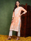 Ahika Women Peach Viscose Rayon Solid Embroidered Chikankari Straight Kurta