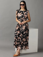 Women's Black Floral Fit and Flare Dress-AE-15731-Black