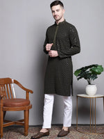 Sequin Embroidered Pure Cotton Kurta with Pyjamas-JOKP-P-5004Mehndi