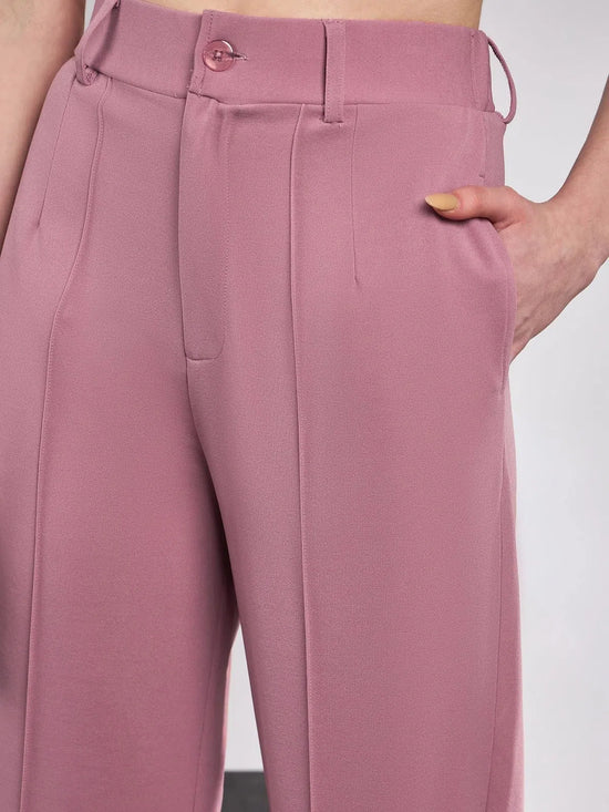 Women Pink Front Darted Knitted Straight Pants