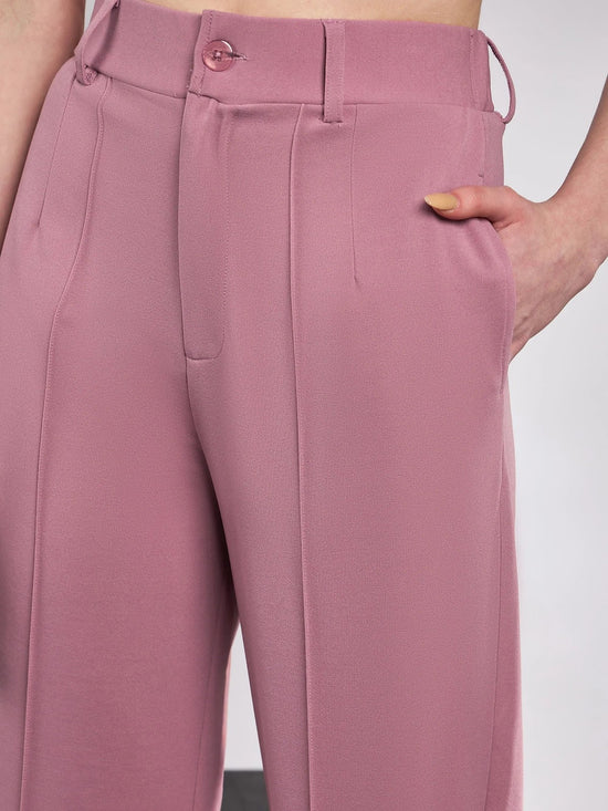 Women Pink Front Darted Knitted Straight Pants