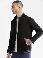 Men Mock Collar Black Solid Bomber Jacket-ZD-3701-Black