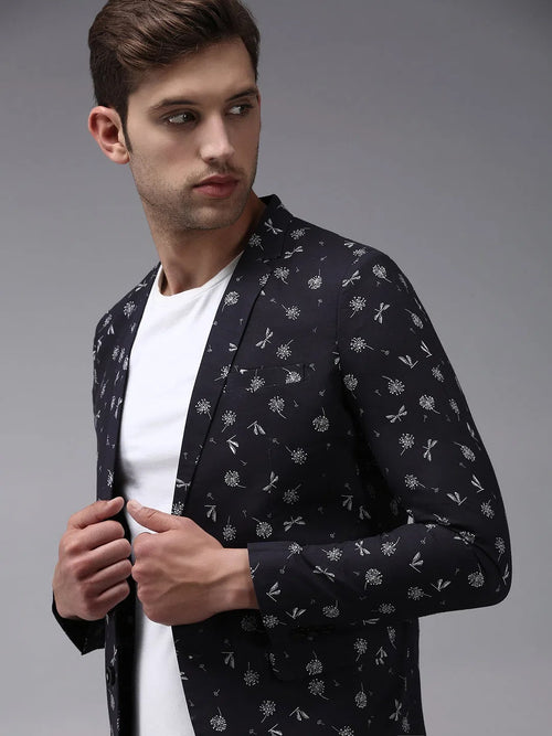 Men Black Printed Blazer-SOBLZ-275-Charcoal