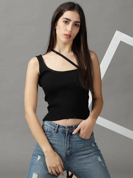 Women's Black Solid Fitted Crop Top-OC-A1233-1-Black