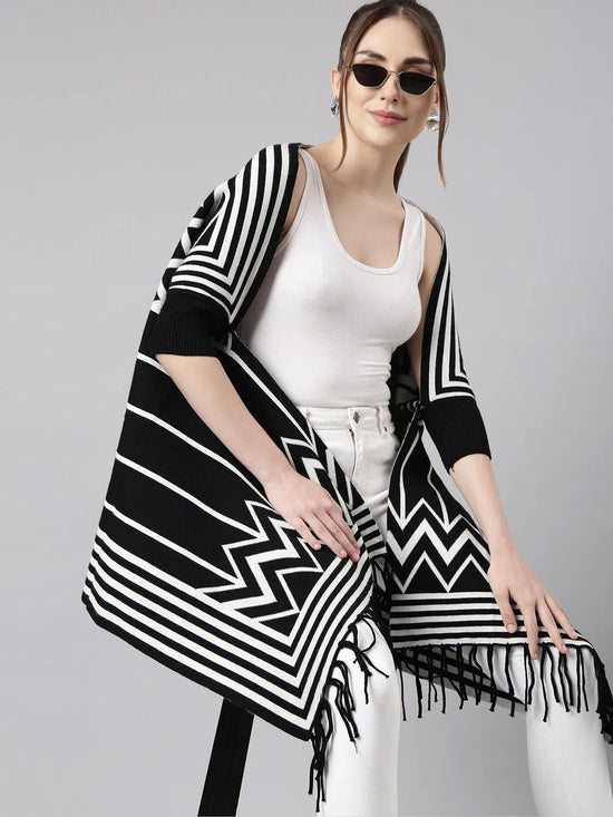 Women Striped Black Longline Poncho-CHN-1119-Black