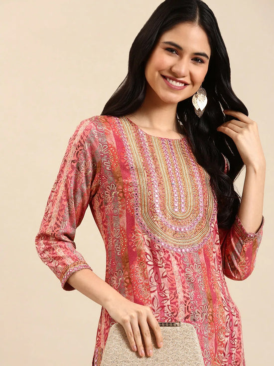 Women's Pink Printed Straight Kurta-GW-3138-Pink