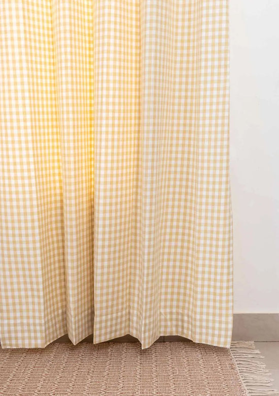 Gingham Woven 100% cotton geometric curtain for living room - Room darkening - Ivory - Pack of 1-230823163