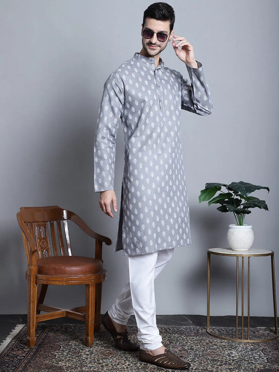 Men Grey and White Floral Printed Kurta with Churidar-JOKP-650Dark-Grey