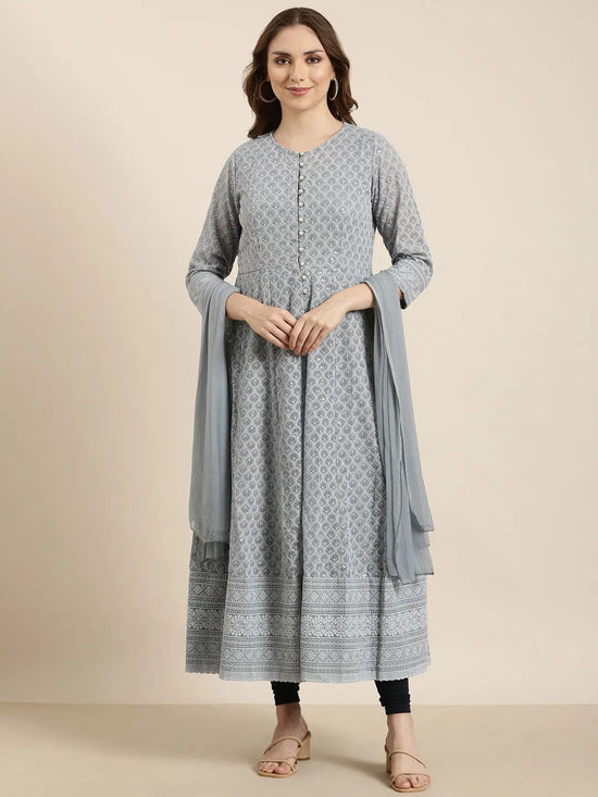 Women Anarkali Grey Embellished Kurta Comes with Dupatta & Detachable Inner Lining-UB-2449-Grey