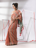 Dark Peach Cotton Saree With Stripes Design-MA55CT06530014