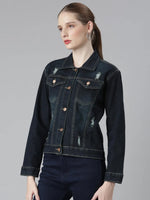 Women Navy Blue Solid Denim Jacket-LT-6450-Navyblue