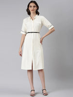 Women Cream Solid Shirt Dress-DF-1603-Cream