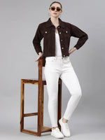 Women Coffee Brown Solid Denim Jacket-GZ-5598-Coffeebrown