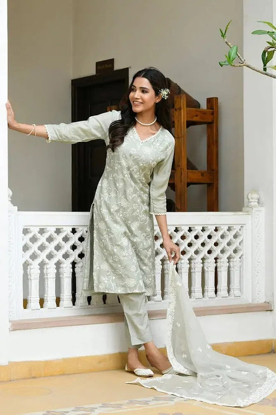 Vaasva Women Pista Linen Embroidered Solid Kurta Set With Solid Pants & Chiffon Embroidered Dupatta-142-Vaas-Pista